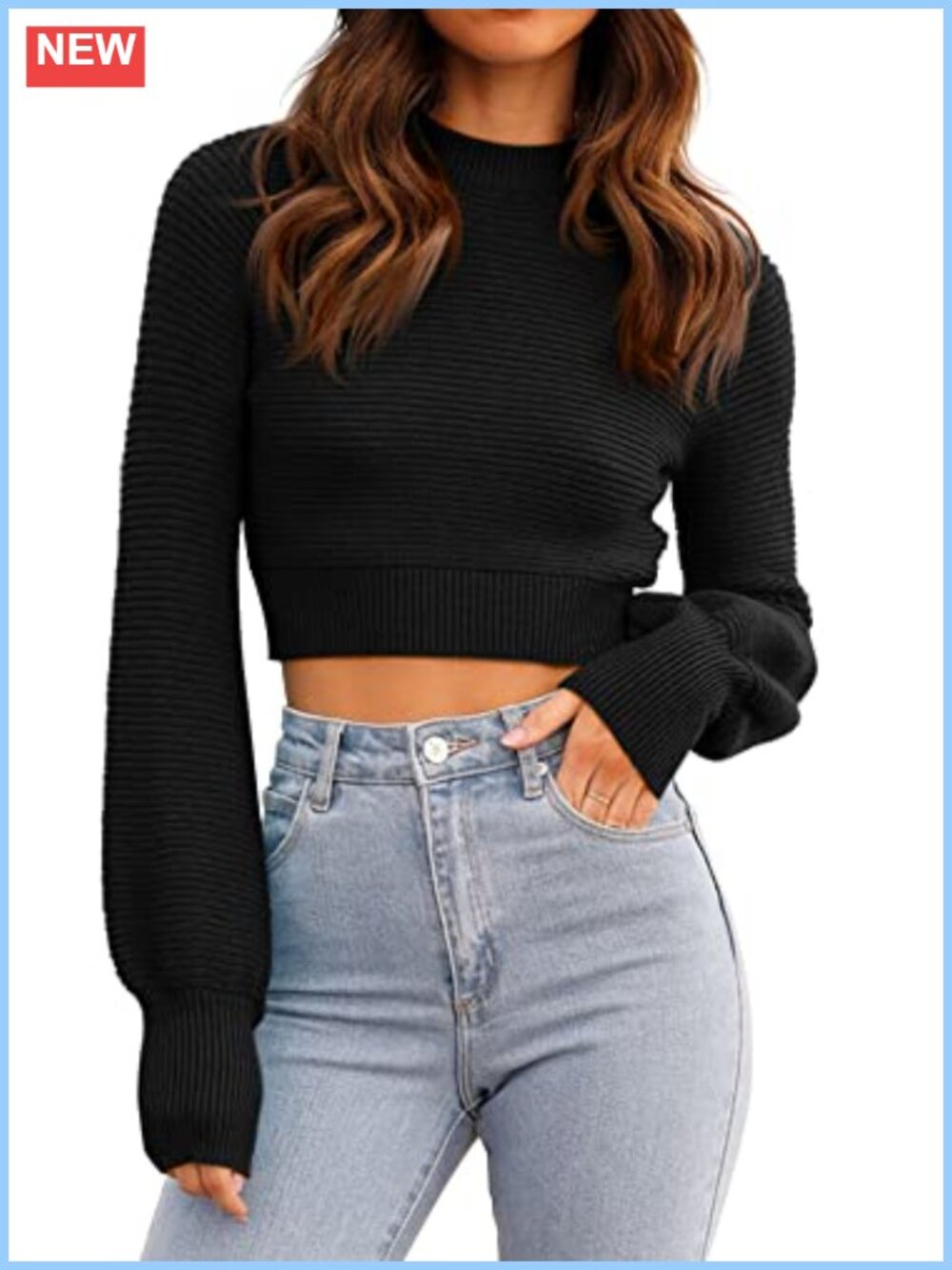 Ribbed Knit Cropped Sweater Long Balloon Sleeve Slim Fit Pullover